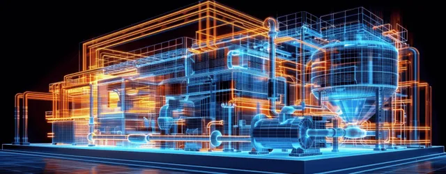 Neon wireframe industrial facility section with piping, energy flow, and heat pump