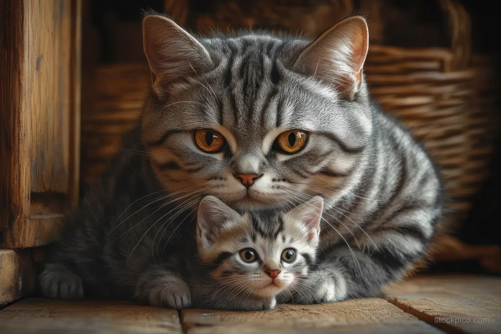 Amber-eyed tabby cat sheltering a curious kitten on a wooden floor indoors.