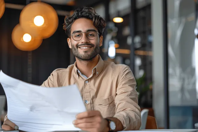 A smiling young man with glasses holds printed documents at a desk in a modern office.