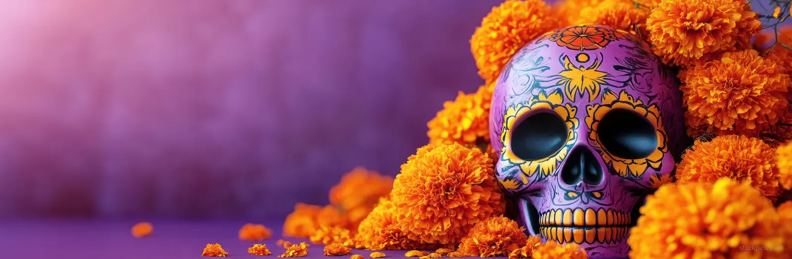 A marigold-decorated sugar skull with purple smoky background and glowing festival lights