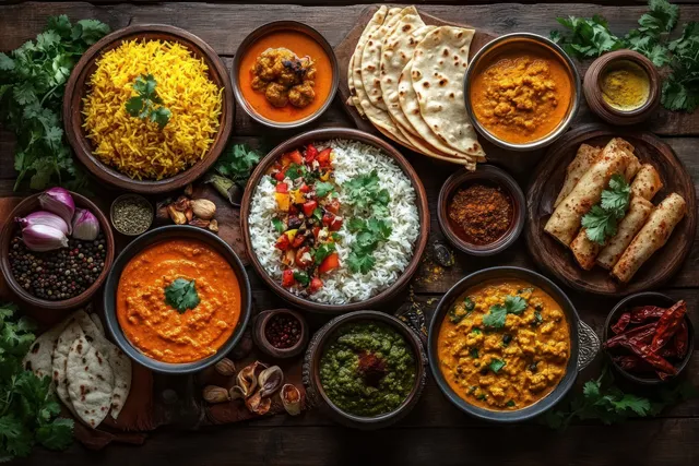 Indian meal platter with yellow rice, curries, flatbreads, and small bowls of chutney on a wooden table.