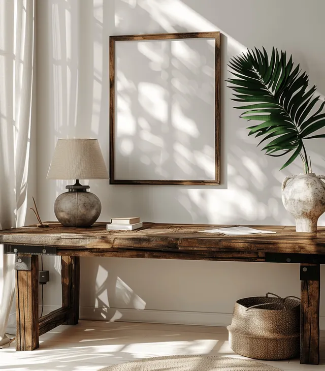 Rustic wooden console table with lamp and tropical plant beside framed poster on bright wall