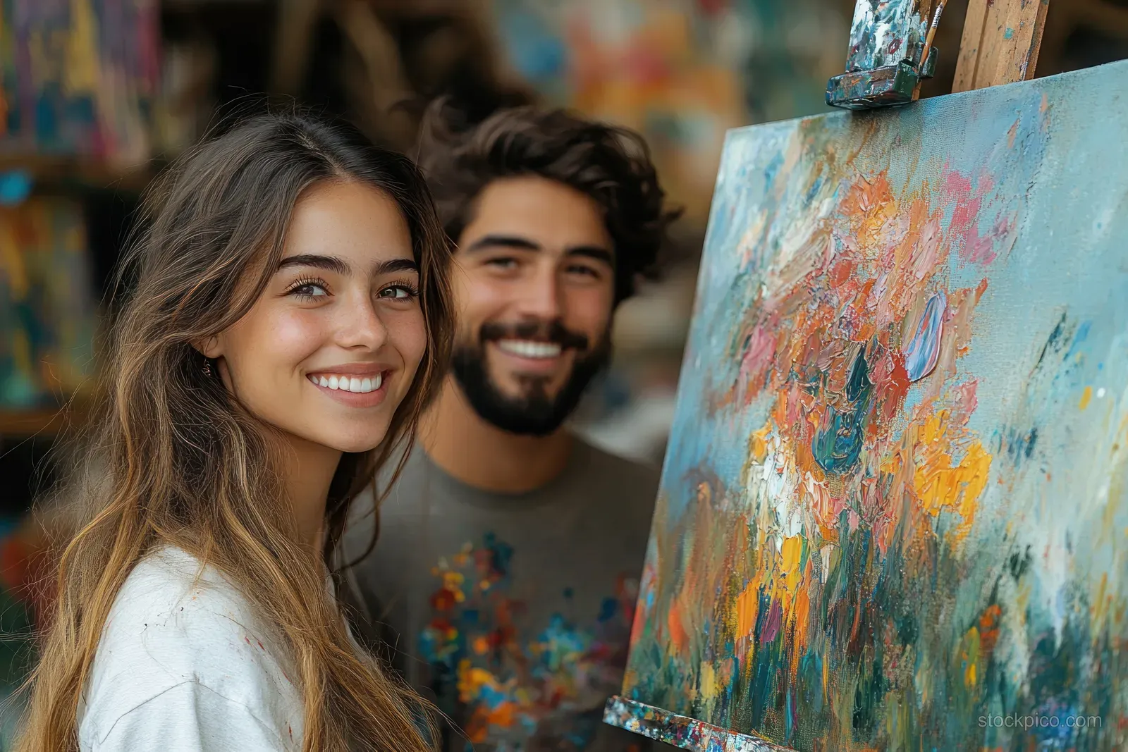 Two students smile while an easel holds a brightly painted canvas during an outdoor art class.