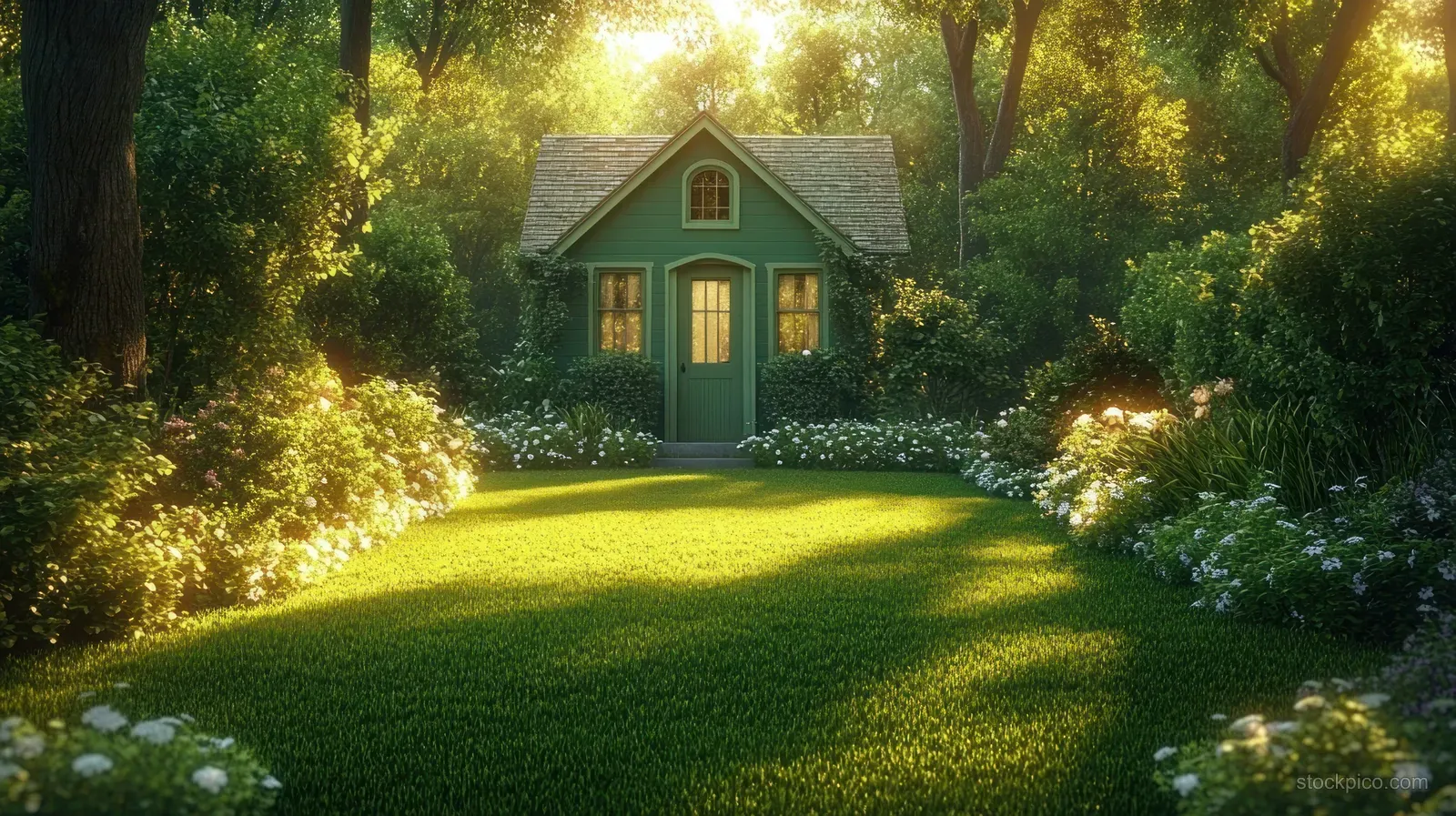 A small green cottage in a forest garden, with a grassy path and flowering bushes glowing in warm sunlight.