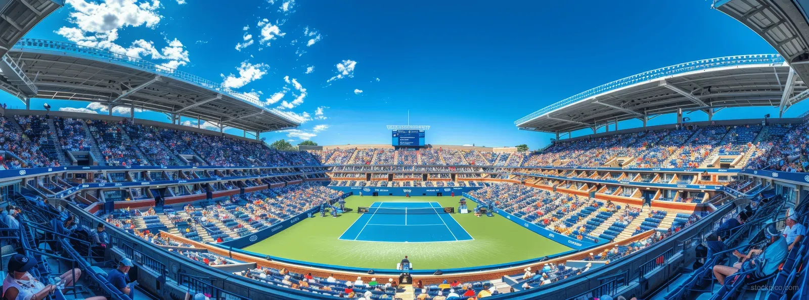 Crowded Arthur Ashe Stadium fills the frame around a blue-green tennis court during the US Open finals.
