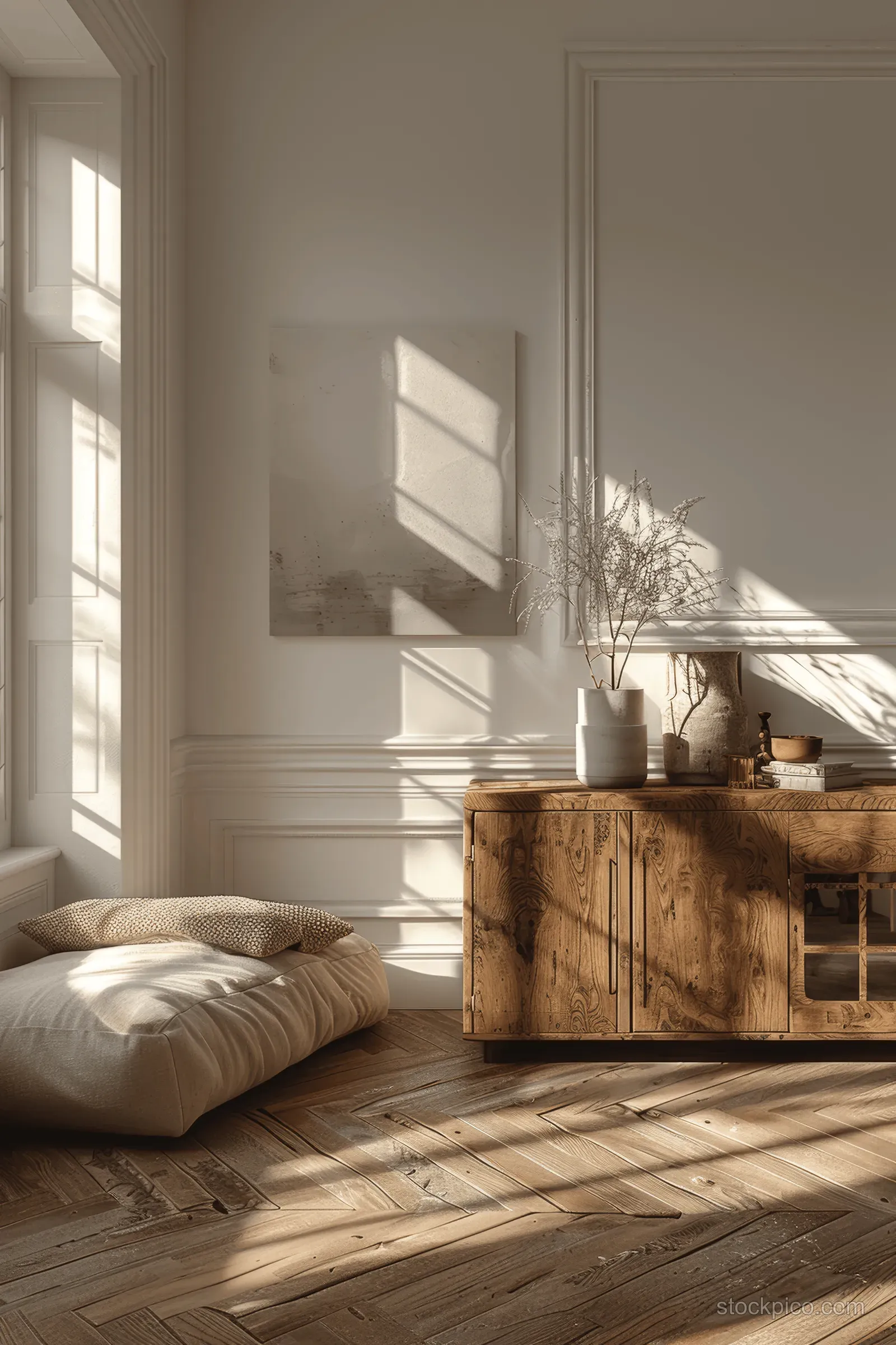 Sunlit minimalist bedroom with wooden sideboard, potted plant, framed wall decor, and sharp floor shadows.