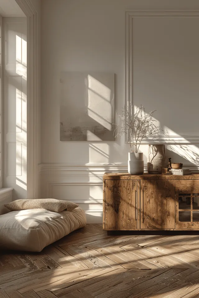 Minimalist bedroom interior with wooden sideboard, sunlit floor shadows, framed mirror