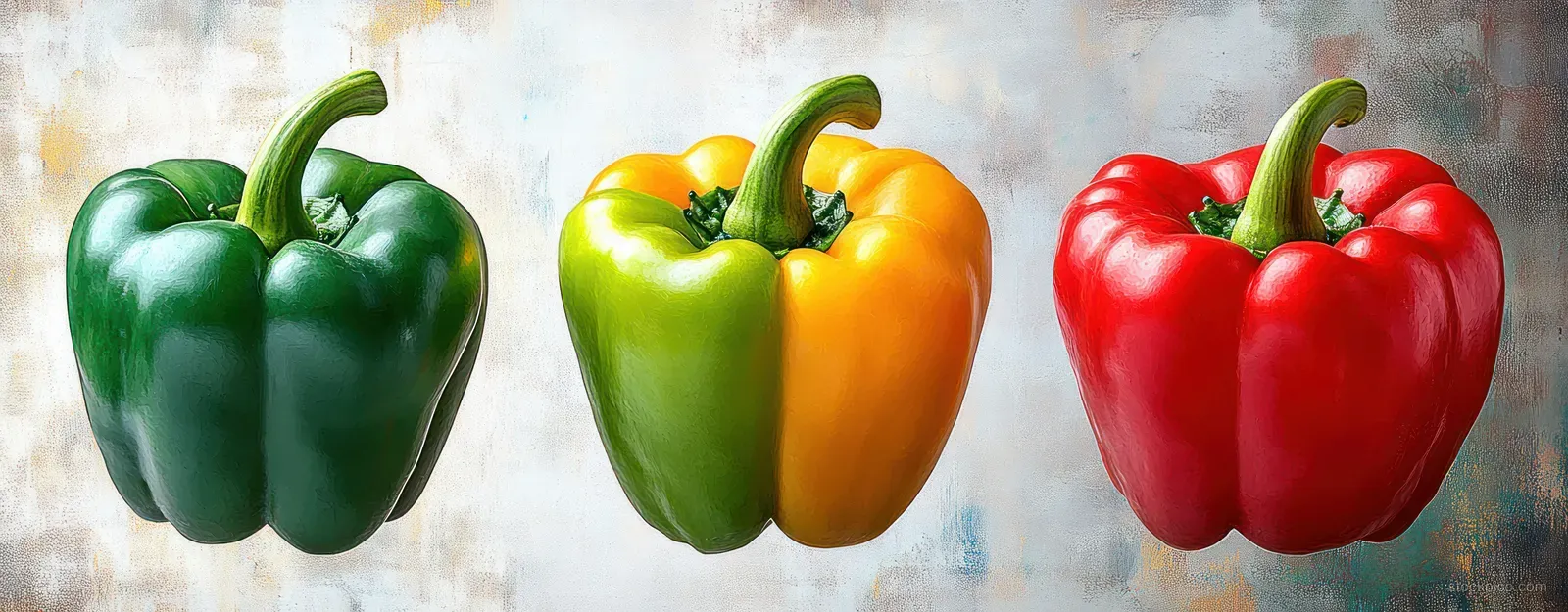 Three bell peppers—green, split green-yellow, and red—rest on a light textured background with visible stems.