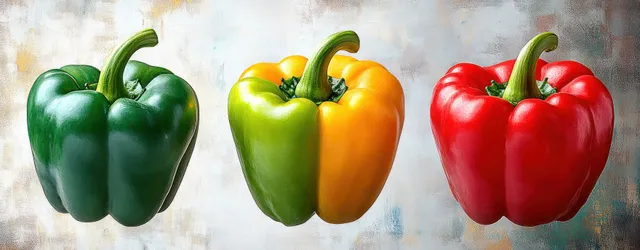 Close-up of three bell peppers—green, split green-yellow, and red—on a textured light background