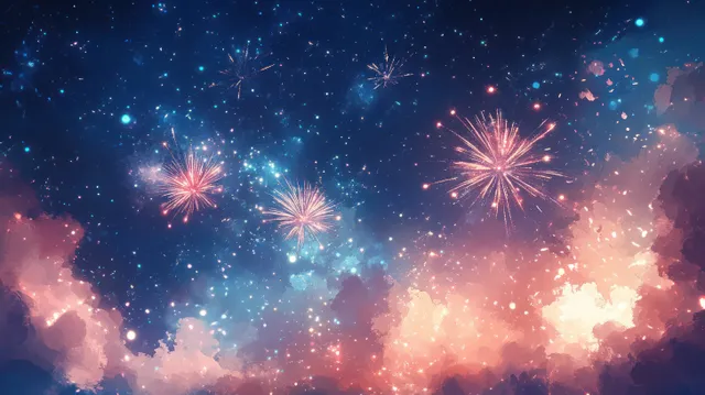Colorful fireworks burst over a starry night sky, surrounded by soft pastel clouds and a festive atmosphere.