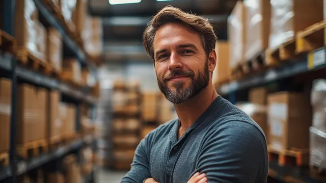 Confident warehouse entrepreneur standing with arms crossed in shipping aisle, shelves of boxes behind