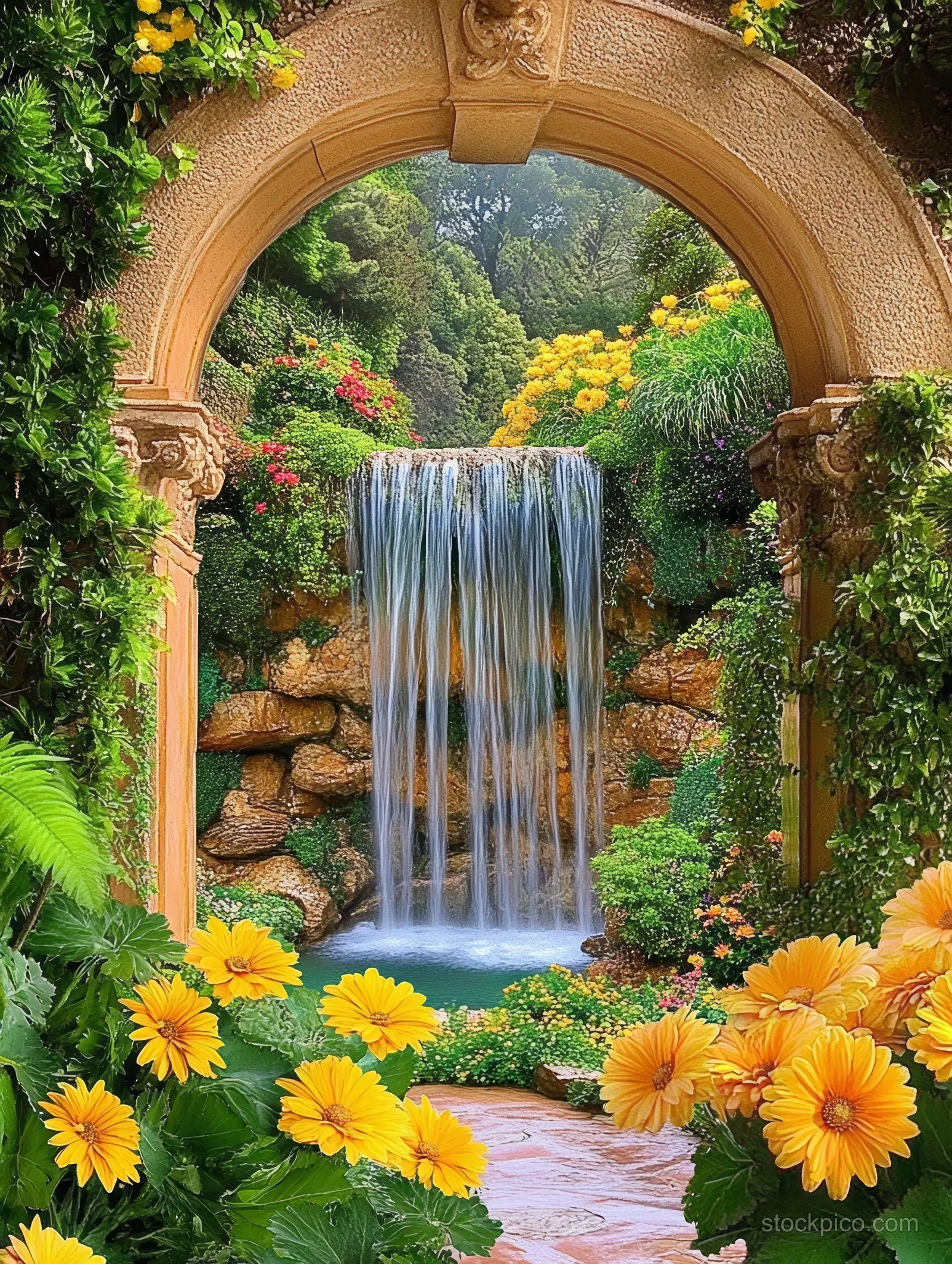 A waterfall streams through an arched stone window over a garden with bright flowers and lush greenery.