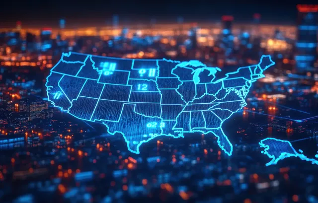 Futuristic US election map with glowing network lines over city lights at night
