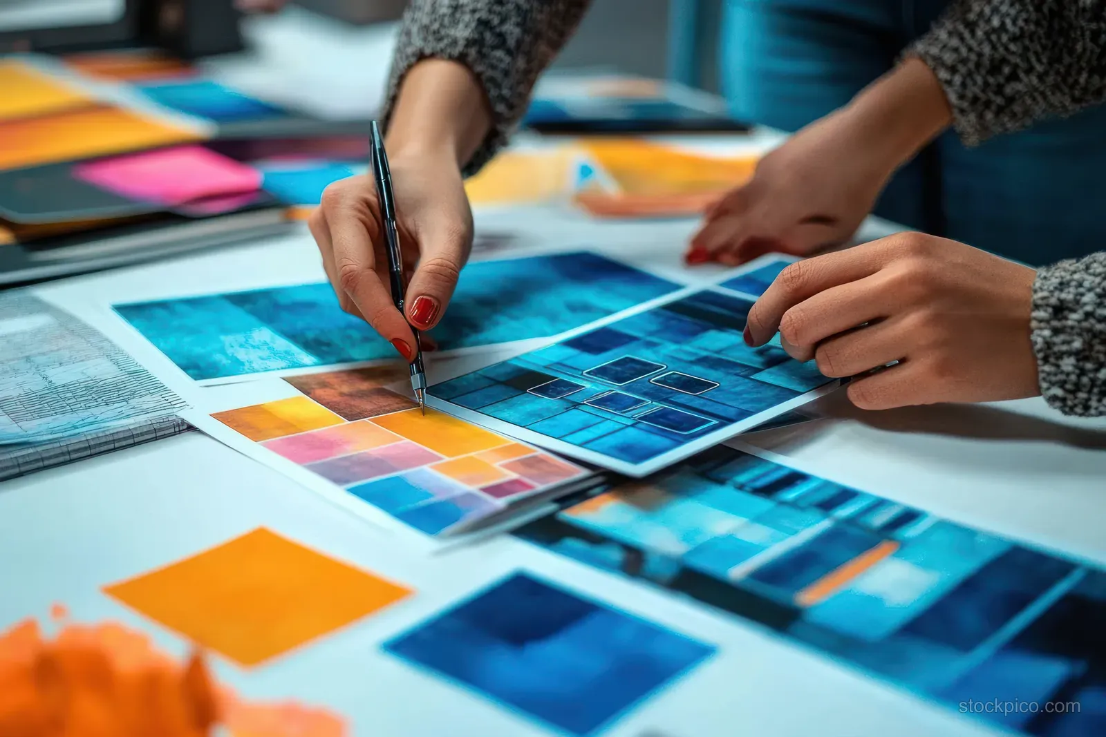 Hands use a pen to mark colorful printed charts spread on a white desk during data review.