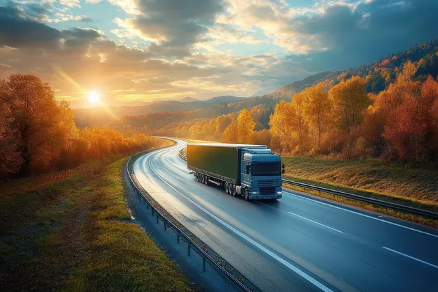 A semi truck drives on a wet highway through autumn trees under a bright sunset with distant hills.