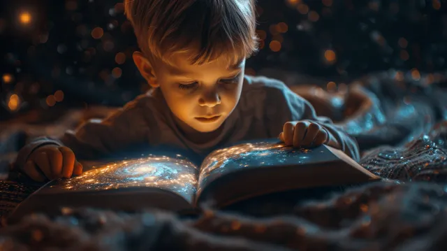 A young boy reads a glowing magic book with swirling galaxy planets around him in a dark room at night.