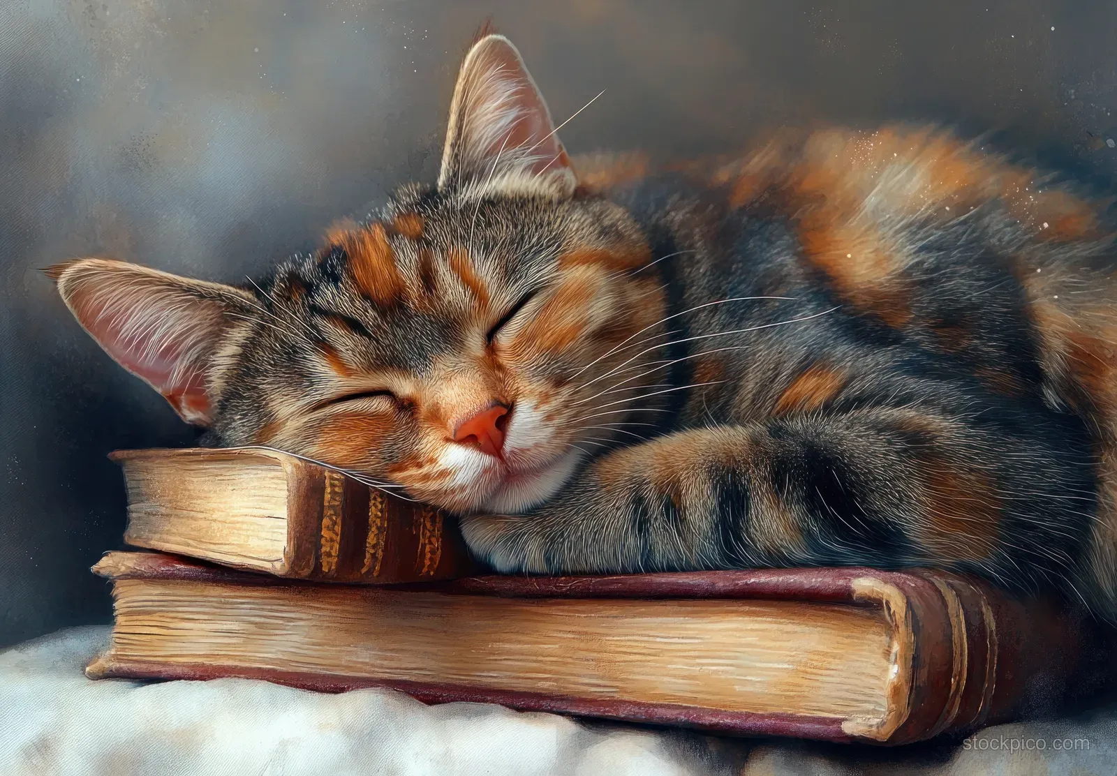 Fluffy tabby cat sleeping on stacked colorful books in a soft watercolor illustration.