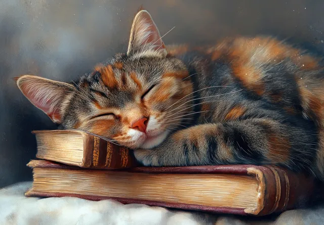 Fluffy tabby cat sleeping on stacked colorful books in soft watercolor light