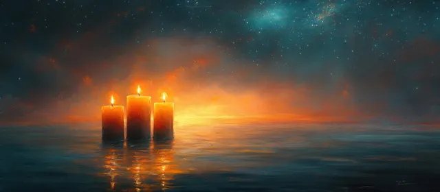 Three Advent candles flicker at twilight, with their flames reflected on calm water under pastel clouds.