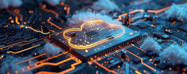 Glowing cloud security icon placed on a blue circuit board network with an illuminated encryption shield.