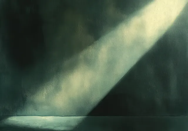 A narrow light beam illuminates a textured empty wall and floor in a dark, atmospheric space.