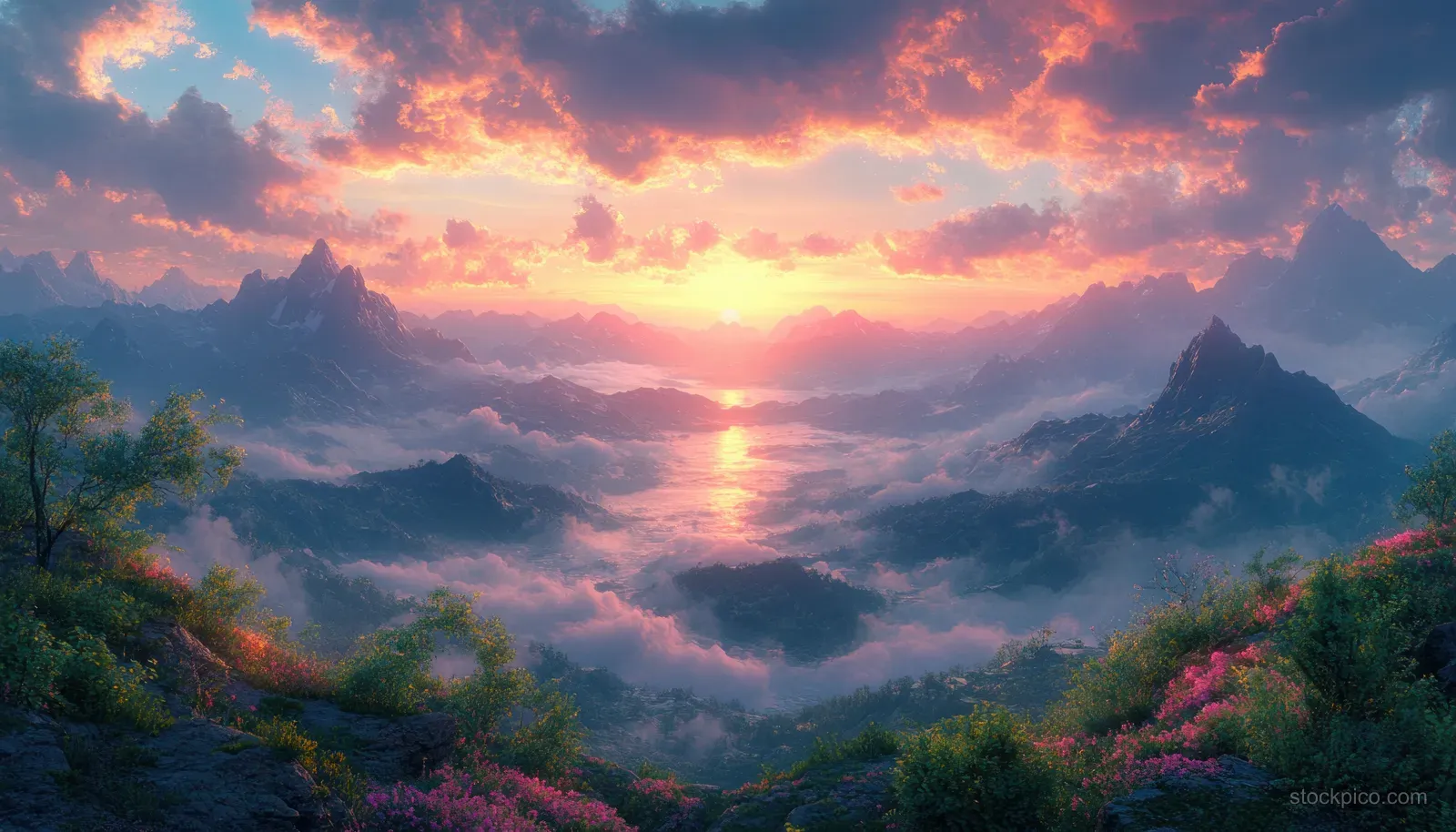 Mist covers a mountain valley at dawn as a sunbeam shines through drifting clouds.