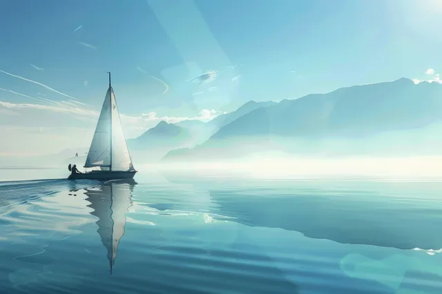 Single sailboat gliding on glassy water under soft blue morning sky in Belgium