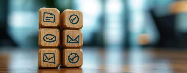 Wooden blocks stacked with mail and check icon symbols on a reflective desk