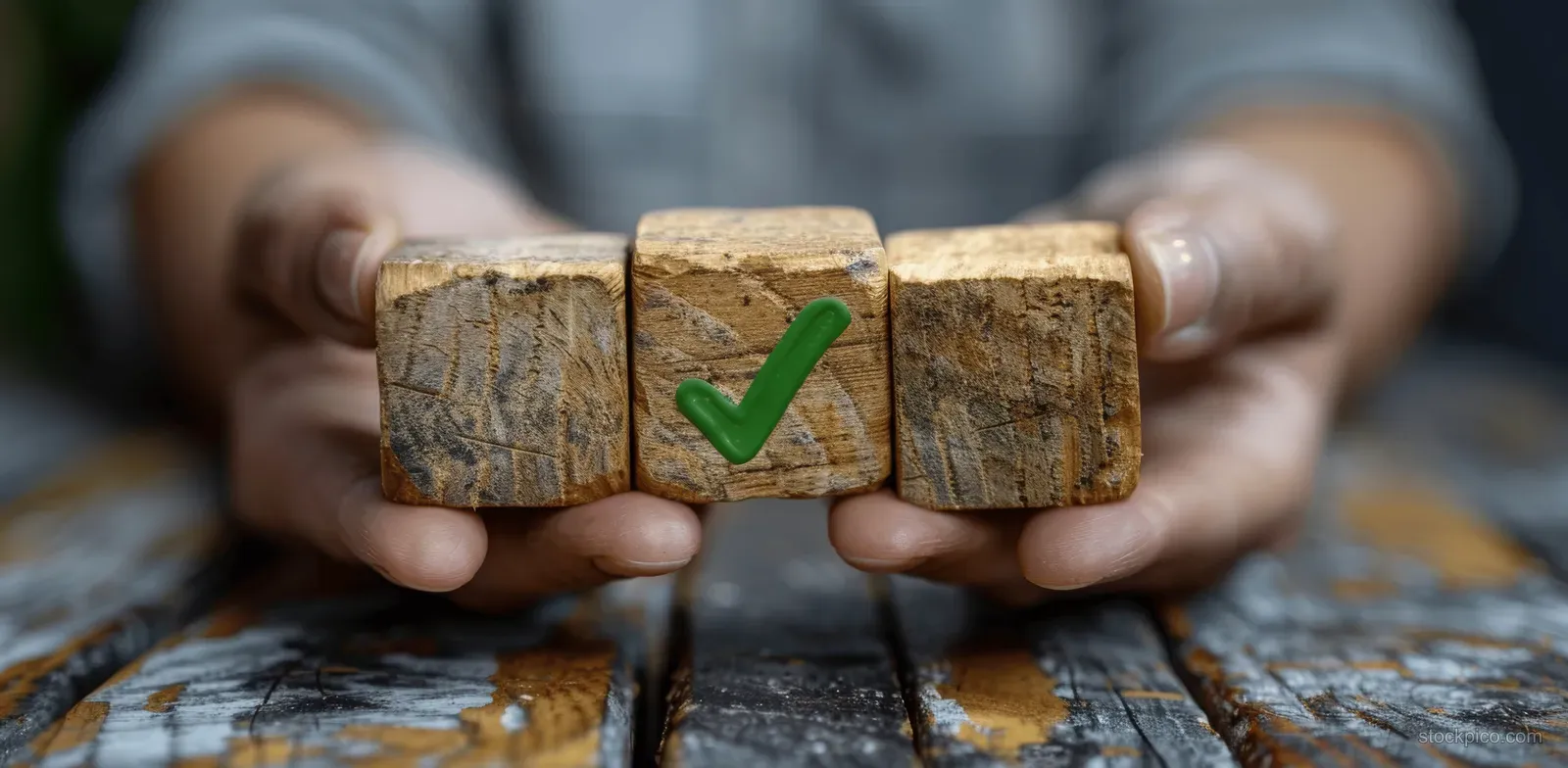 Hands hold wooden blocks with a green checkmark symbol against a blurred compliance-themed background.