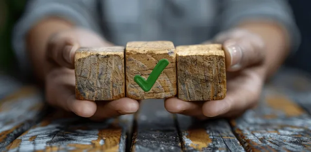 Hands hold wooden blocks with a green checkmark symbol against a blurred compliance-themed background.