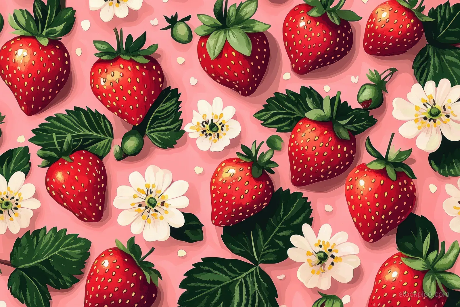 Seamless pattern of red strawberries and small cream flowers with green leaves on a pink background.