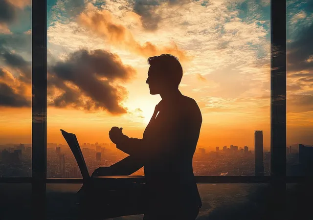 Silhouette businessman using a laptop by a window overlooking a sunset city skyline