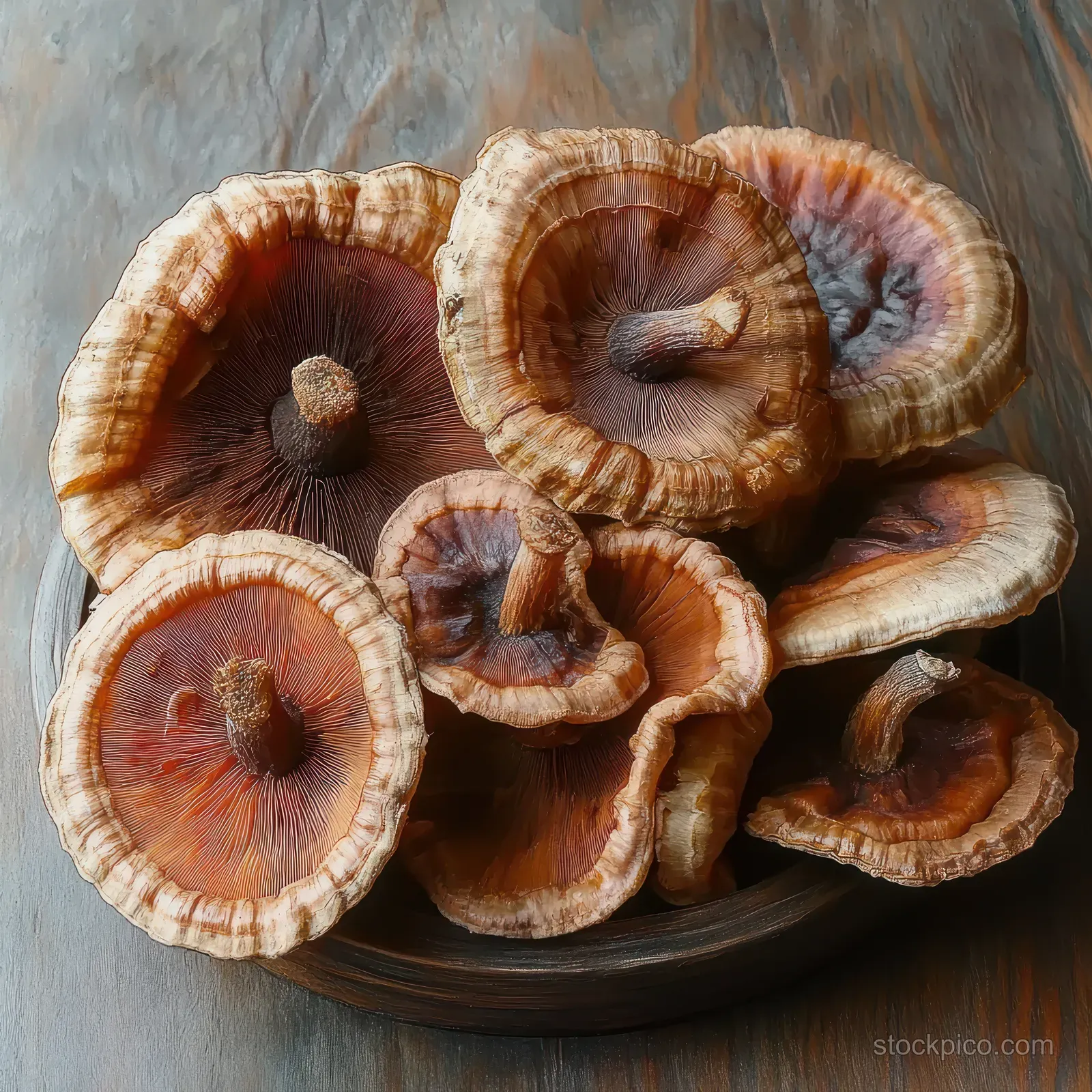 Dried mushrooms with wrinkled caps arranged on a wooden plate, showing earthy brown textures.