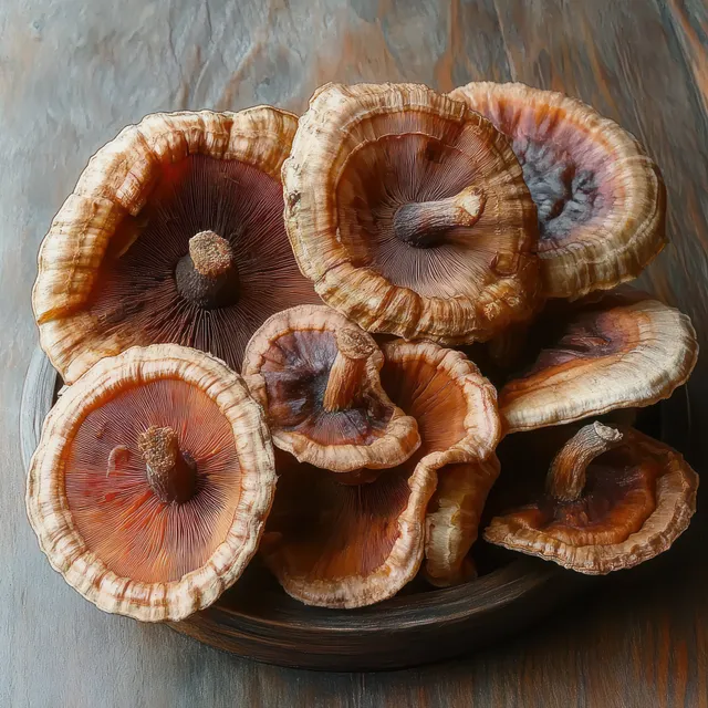 Dried mushrooms on a wooden plate, showing textured caps and earthy brown tones