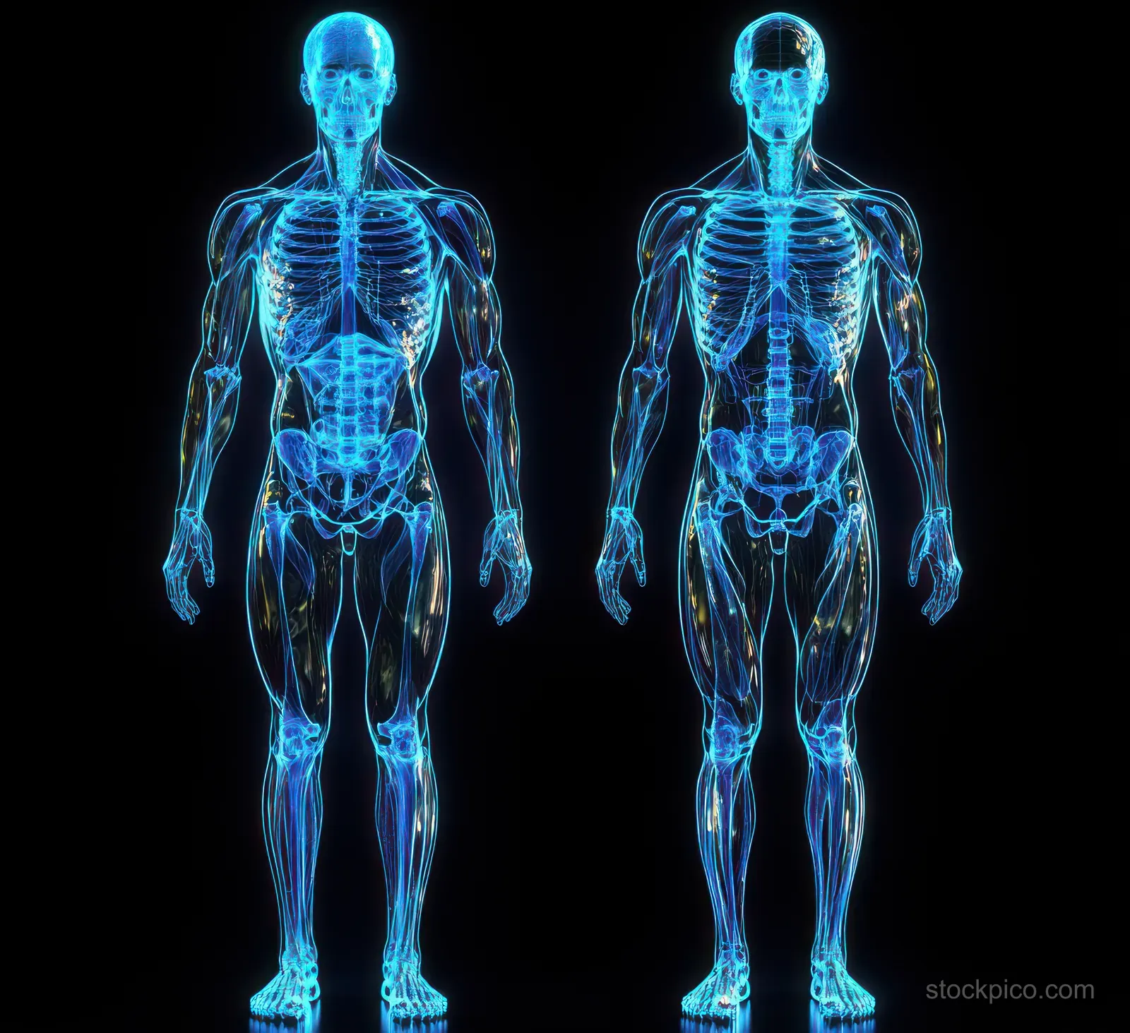 Two full-body blue neon X-ray figures show bones and muscles glowing against a dark background.