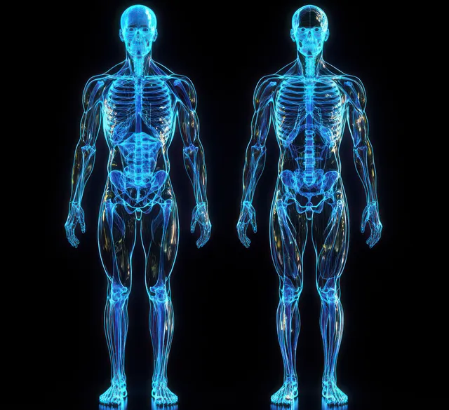 Two full-body blue neon X-ray figures show bones and muscles glowing against a dark background.