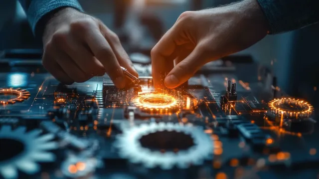 Two hands assemble glowing circuit nodes on a cyberpunk dashboard surrounded by gears and data lights.