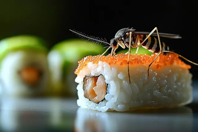 A mosquito perched on orange fish roe atop a sushi roll while other sushi pieces blur behind it.