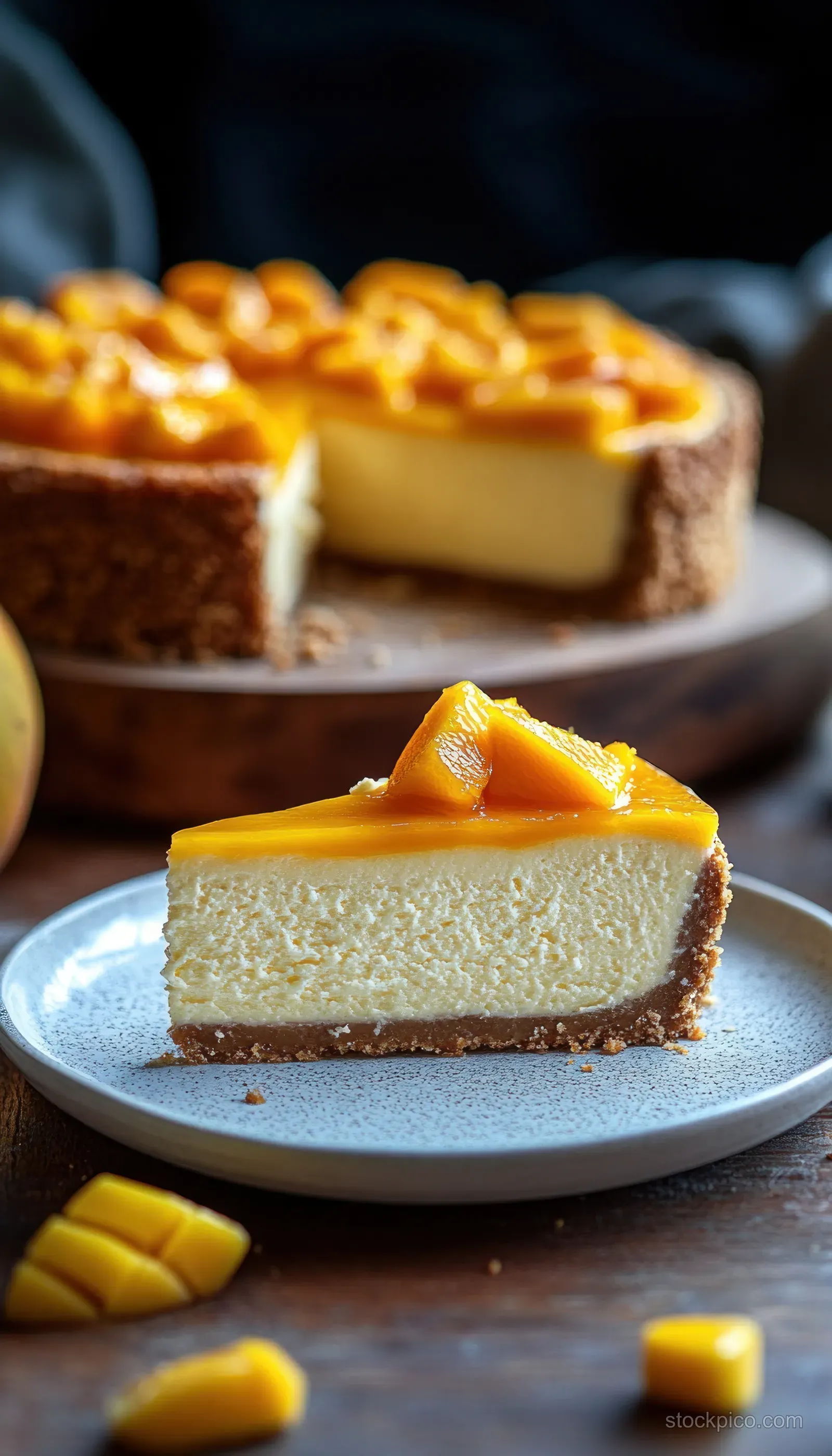 A cheesecake slice topped with mango sits on a blue plate with the whole cheesecake in the background on wood.