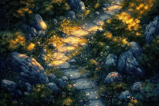 A winding rocky path across a forest plateau with boulders and warm sunlight filtering between trees.