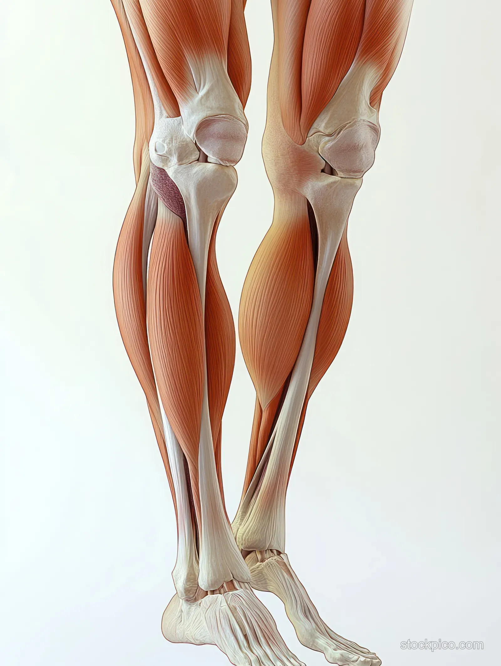 3D anatomy illustration showing hamstring muscles on both legs from a lateral view around the knee.