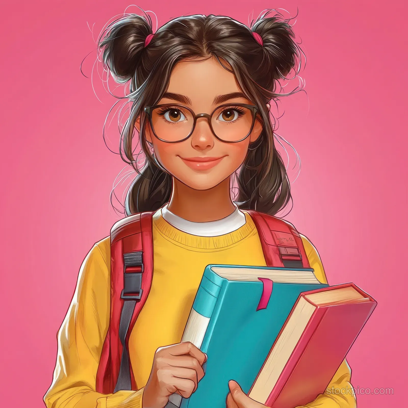 A cheerful schoolgirl with glasses holds colorful books against a bright pink background in a friendly cartoon style.