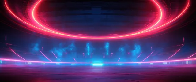 Glowing neon pink rings hover above an empty futuristic stadium field with blue ambient mist.