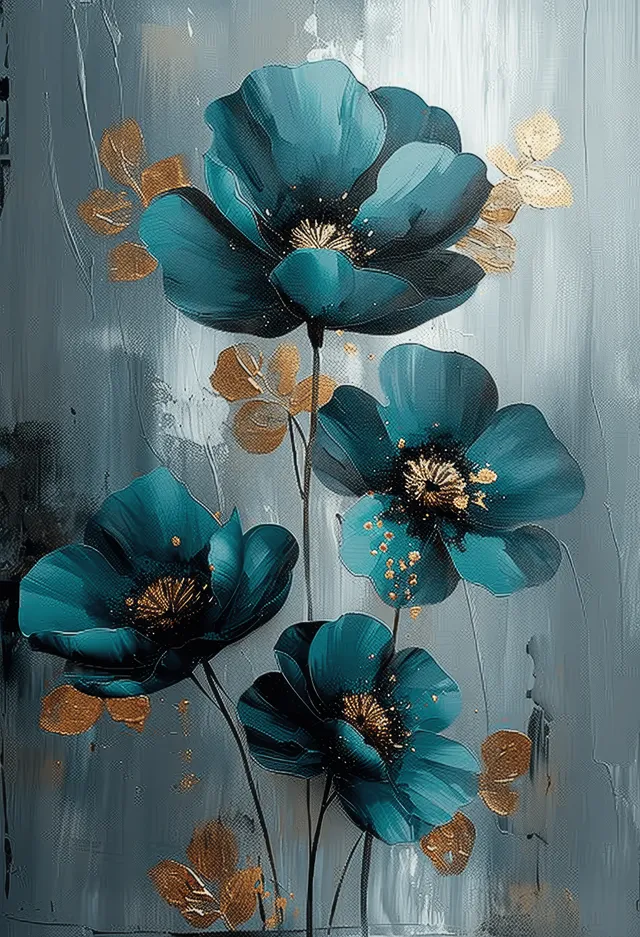 Abstract teal flowers with black centers and gold leaf accents on a grey textured canvas.
