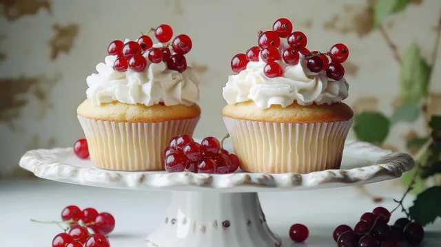 Two vanilla cupcakes with white frosting and red currants on a decorative cake stand