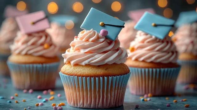 Graduation cupcake with pink frosting topped by small blue and pink caps, softly lit