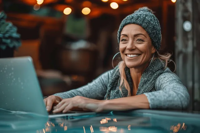 Smiling woman using a laptop in an outdoor café at dusk