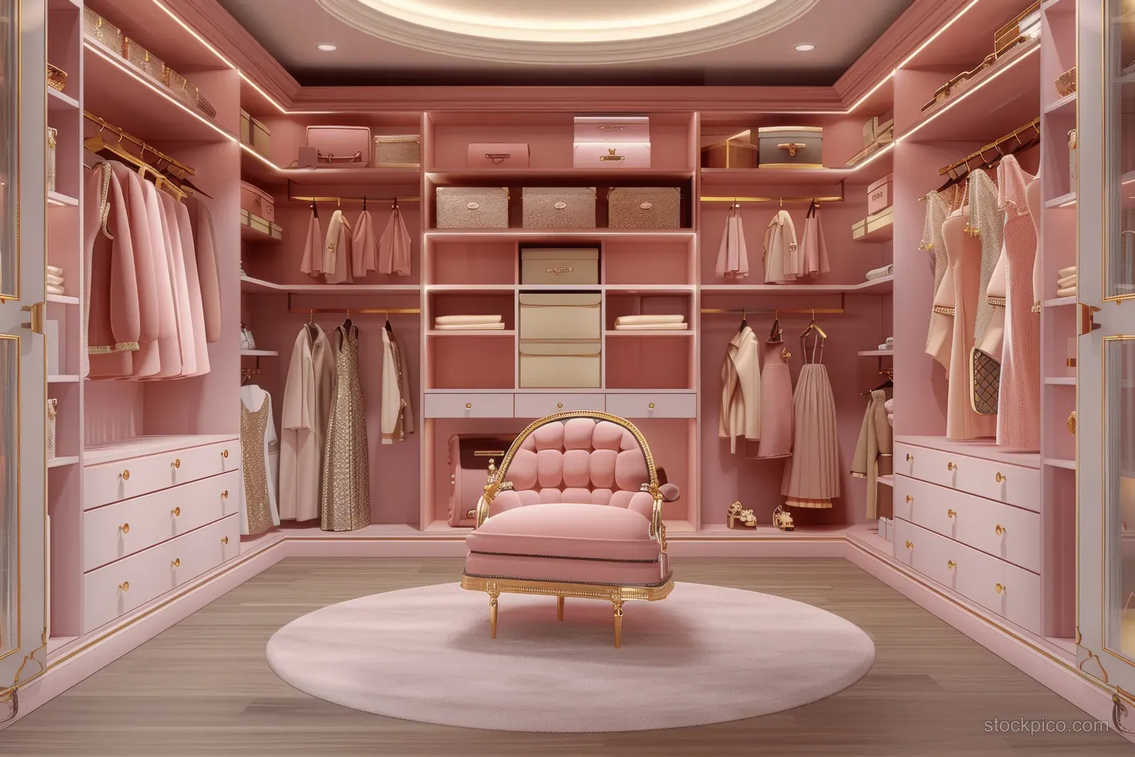 Pink walk-in closet with white shelves, gold hardware, hanging garments, and a tufted ottoman on a circular rug.
