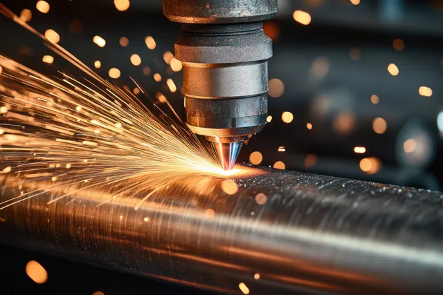 A laser cutting head slices a steel pipe while bright orange sparks scatter in an industrial workshop.