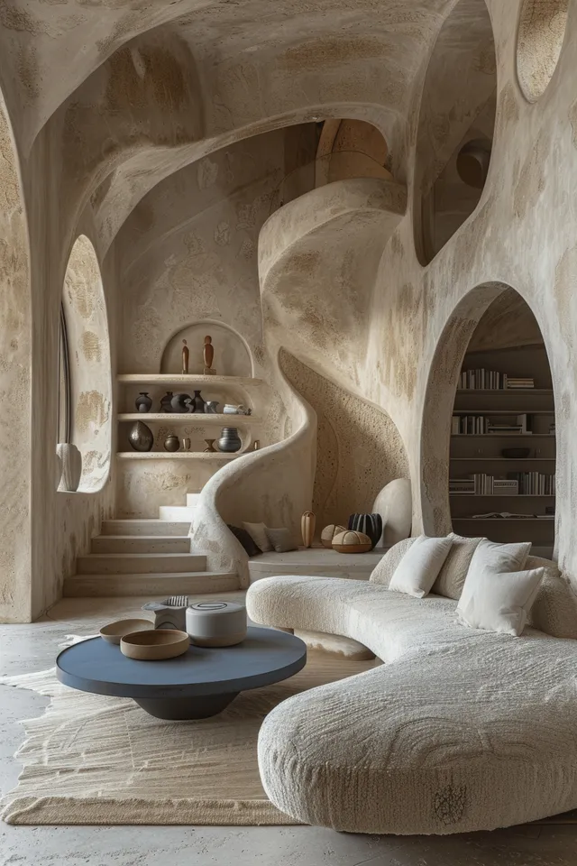 Minimalist bedroom living area inside beige stucco arches with a blue table, soft rug, and rounded upholstered seating.